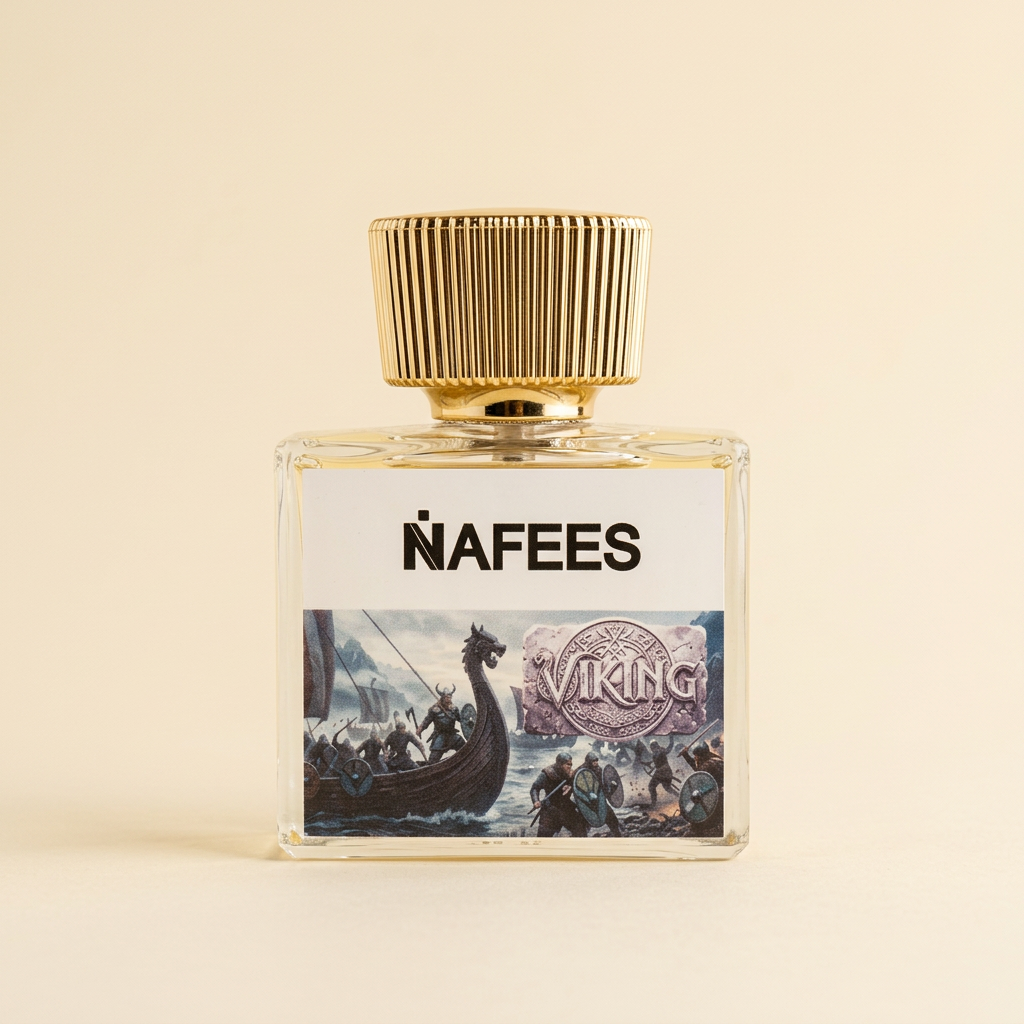Centred Nafees Viking perfume on a clean ivory background