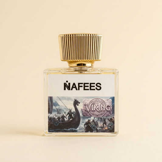 Centred Nafees Viking perfume on a clean ivory background