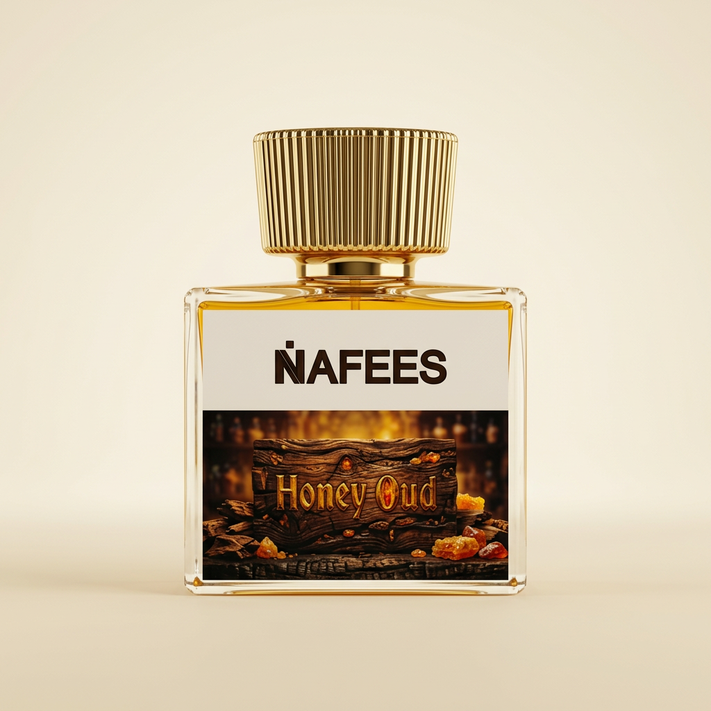 Nafees Honey Oud perfume bottle centered on a warm ivory background