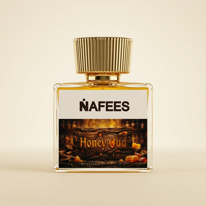 Nafees Honey Oud perfume bottle centered on a warm ivory background