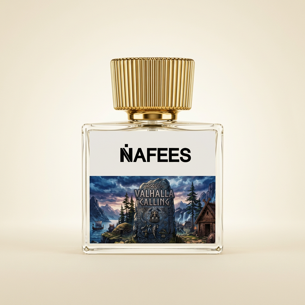 Nafees Valhalla Calling perfume bottle centered on a warm ivory background